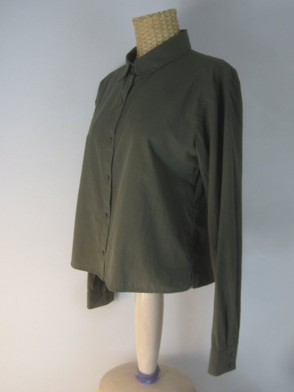 Eileen Fisher Women XXS 100% Organic Cotton Button Up Shirt Olive Green Crop